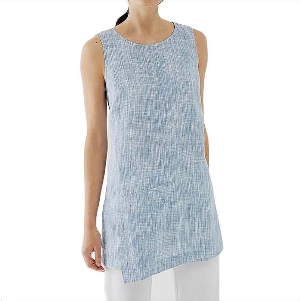 J.Jill‎ Pure Jill Linen Sleeveless Tunic Top Wrap Front in Blue White, XS Petite